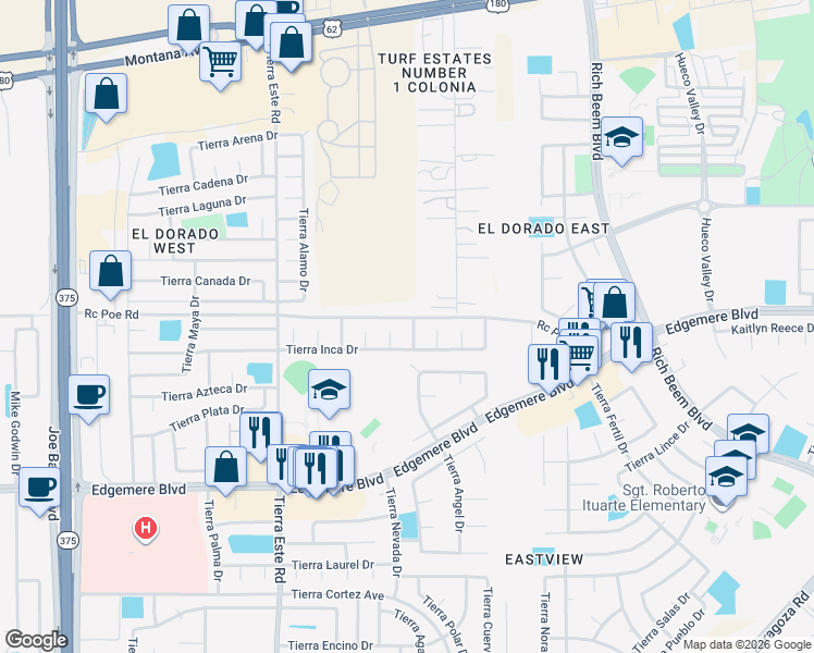 map of restaurants, bars, coffee shops, grocery stores, and more near 3640 Sammy Reece PIace in El Paso