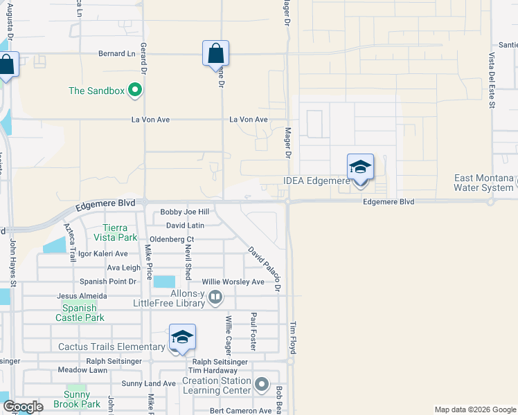 map of restaurants, bars, coffee shops, grocery stores, and more near 14821 Edgemere Boulevard in El Paso