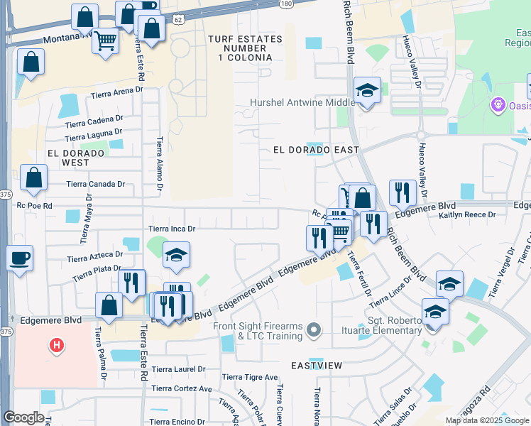 map of restaurants, bars, coffee shops, grocery stores, and more near 3656 Krista Ilee PIace in El Paso