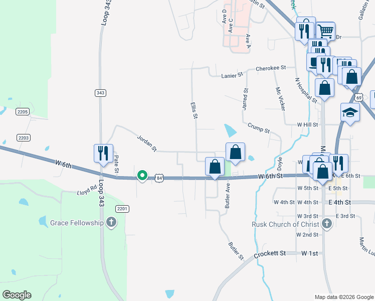 map of restaurants, bars, coffee shops, grocery stores, and more near 168 Ellis Street in Rusk