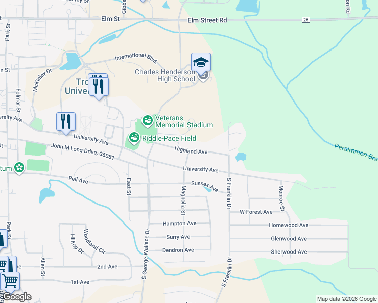map of restaurants, bars, coffee shops, grocery stores, and more near 200 Highland Avenue in Troy
