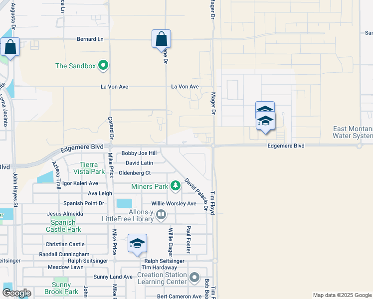 map of restaurants, bars, coffee shops, grocery stores, and more near 14821 Edgemere Boulevard in El Paso