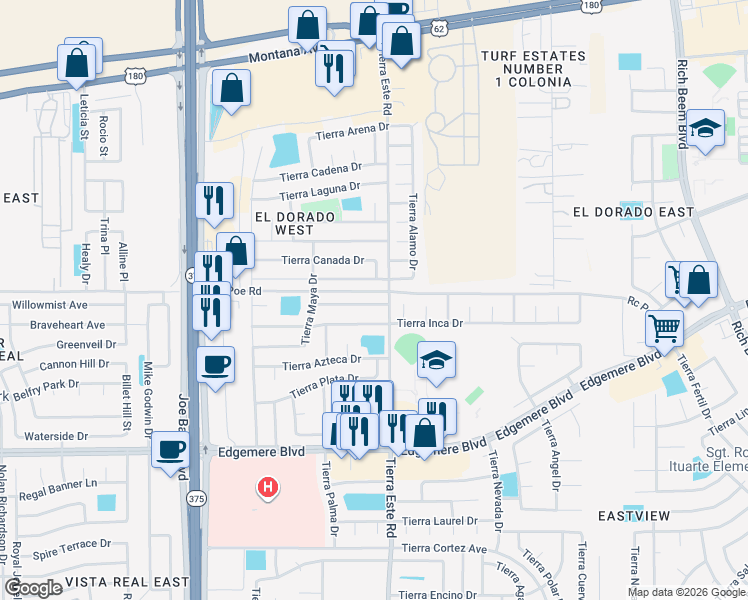 map of restaurants, bars, coffee shops, grocery stores, and more near 12388 Tierra Alamo Drive in El Paso