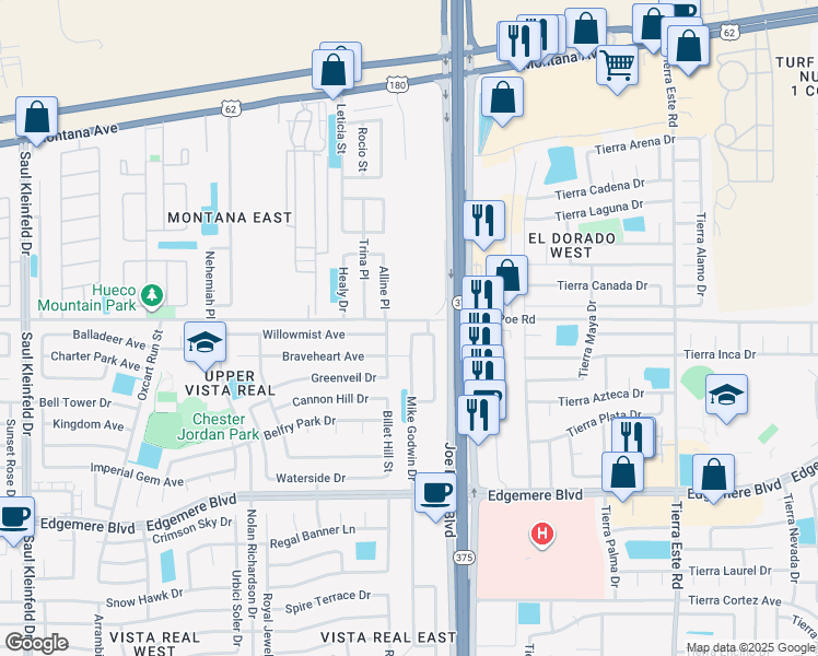 map of restaurants, bars, coffee shops, grocery stores, and more near 3577 Mike Godwin Drive in El Paso