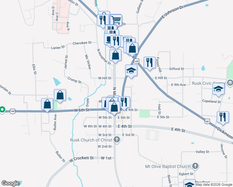 map of restaurants, bars, coffee shops, grocery stores, and more near 325 North Henderson Street in Rusk