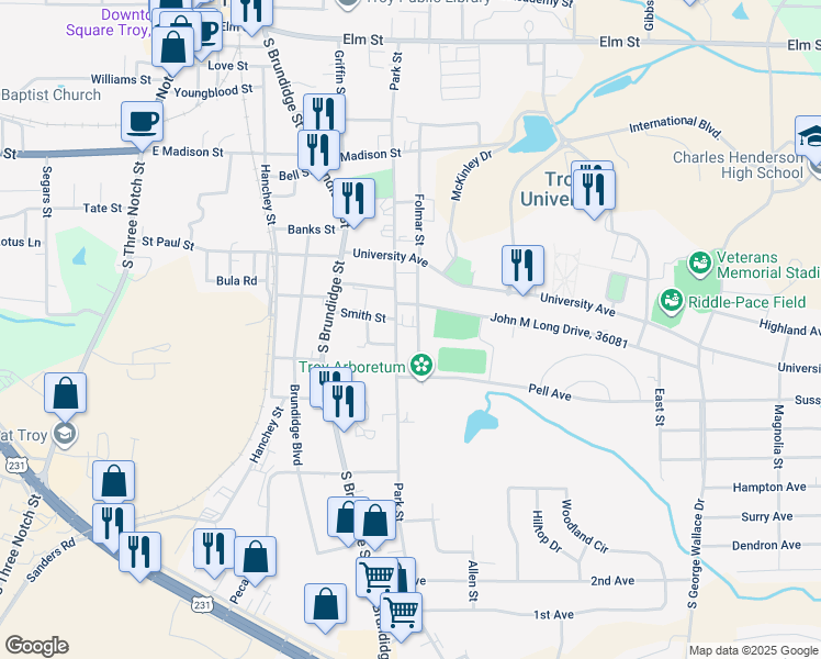 map of restaurants, bars, coffee shops, grocery stores, and more near 800 Park Street in Troy