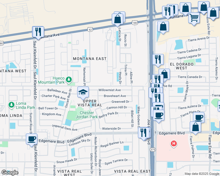 map of restaurants, bars, coffee shops, grocery stores, and more near 11965 Willowmist Avenue in El Paso
