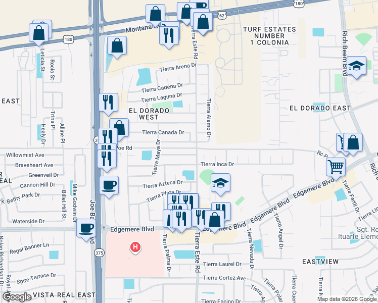map of restaurants, bars, coffee shops, grocery stores, and more near 12388 Tierra Alamo Drive in El Paso
