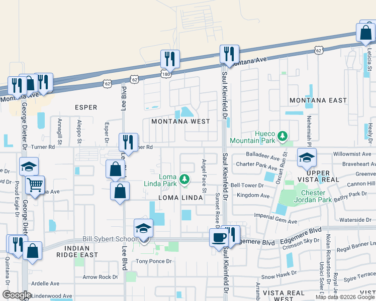 map of restaurants, bars, coffee shops, grocery stores, and more near 11604 Great Abaco Court in El Paso