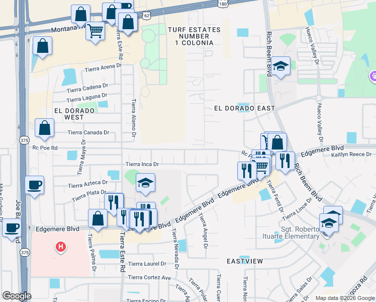 map of restaurants, bars, coffee shops, grocery stores, and more near in El Paso