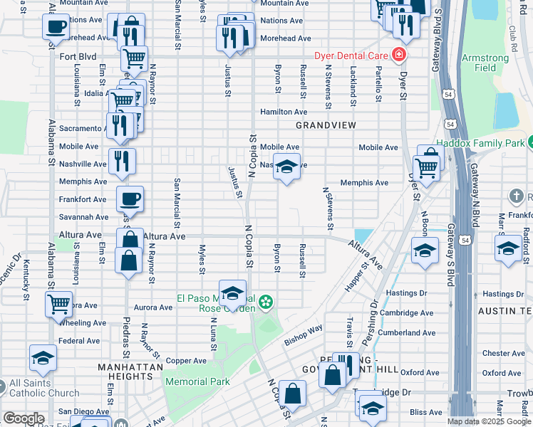 map of restaurants, bars, coffee shops, grocery stores, and more near 3414 Frankfort Avenue in El Paso