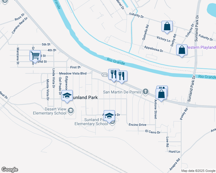 map of restaurants, bars, coffee shops, grocery stores, and more near 101 Ocotillo Drive in Sunland Park