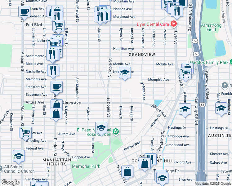map of restaurants, bars, coffee shops, grocery stores, and more near 3414 Frankfort Avenue in El Paso