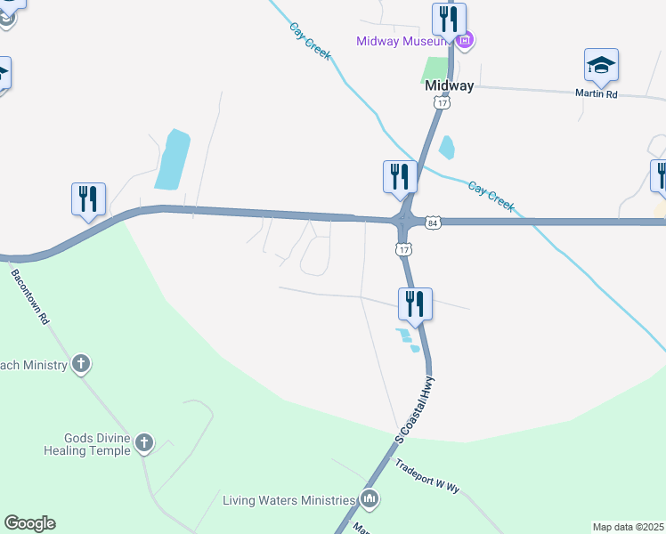 map of restaurants, bars, coffee shops, grocery stores, and more near 126 Gloucester Drive in Midway