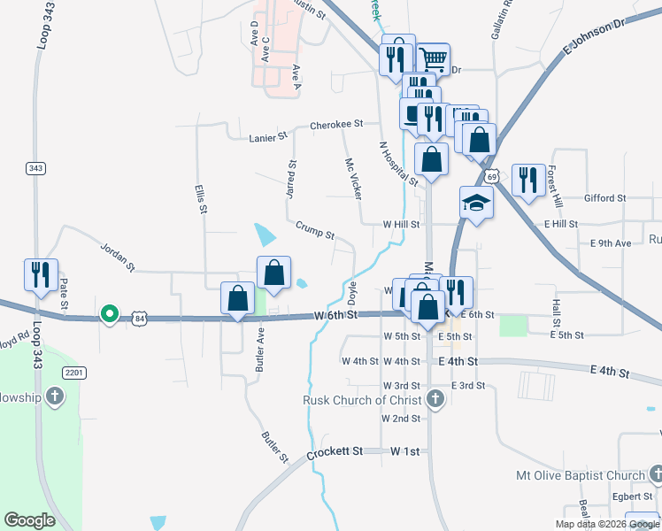 map of restaurants, bars, coffee shops, grocery stores, and more near 701 Alvin in Rusk