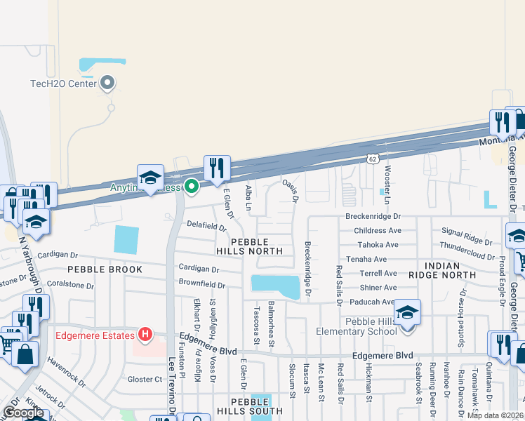 map of restaurants, bars, coffee shops, grocery stores, and more near 3600 Waterspring Way in El Paso