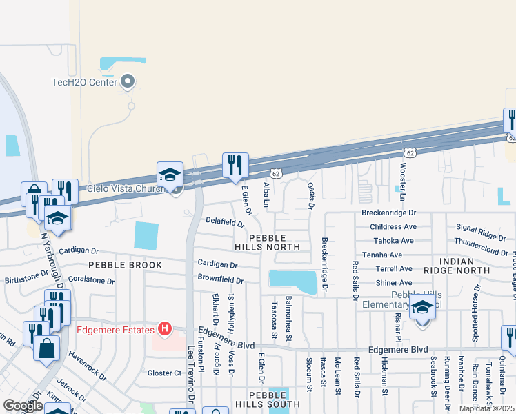 map of restaurants, bars, coffee shops, grocery stores, and more near 11010 Montana Avenue in El Paso
