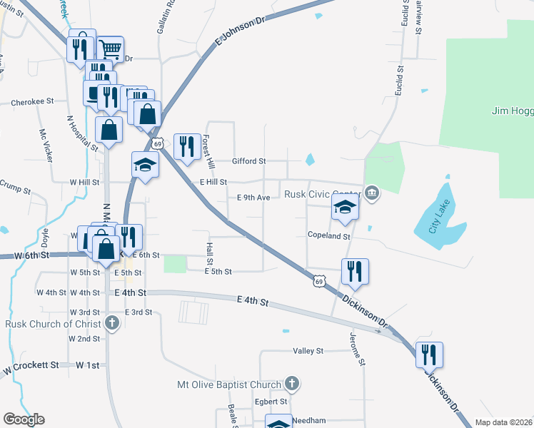 map of restaurants, bars, coffee shops, grocery stores, and more near 245 East 9th in Rusk