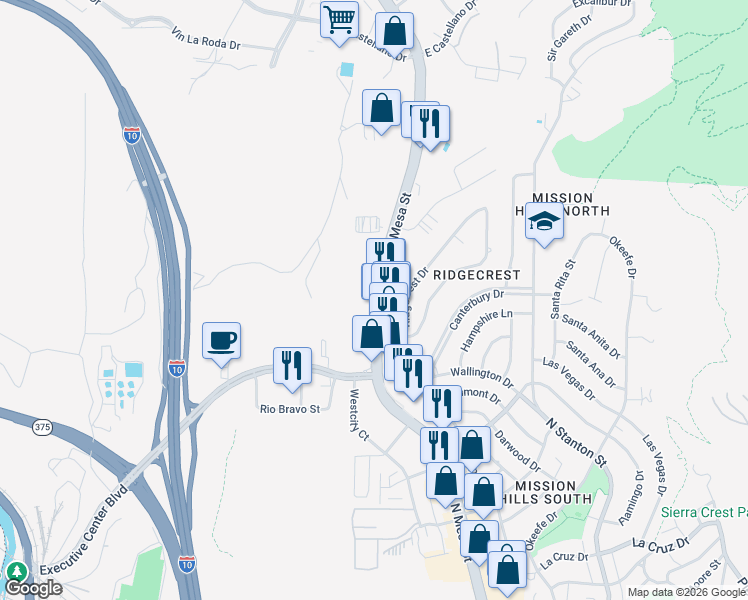 map of restaurants, bars, coffee shops, grocery stores, and more near North Mesa Street in El Paso