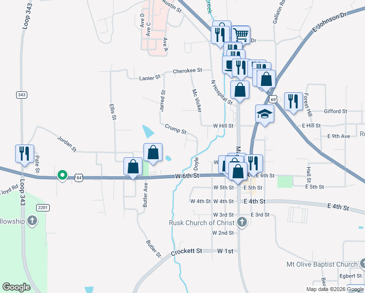 map of restaurants, bars, coffee shops, grocery stores, and more near 701-703 Alvin in Rusk