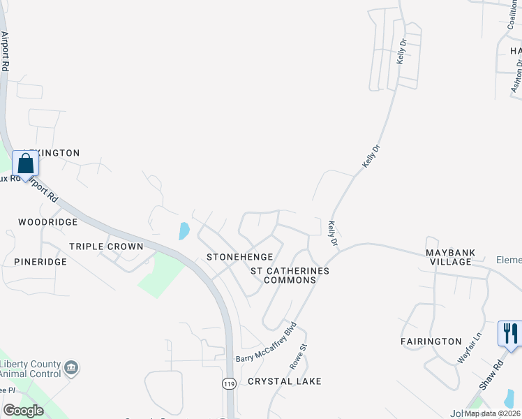 map of restaurants, bars, coffee shops, grocery stores, and more near 1927 Bluestone Loop in Hinesville