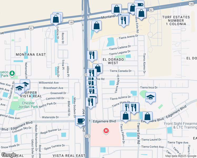 map of restaurants, bars, coffee shops, grocery stores, and more near 12950 Rc Poe Road in El Paso