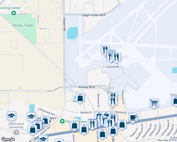 map of restaurants, bars, coffee shops, grocery stores, and more near 6701 Convair Rd in El Paso