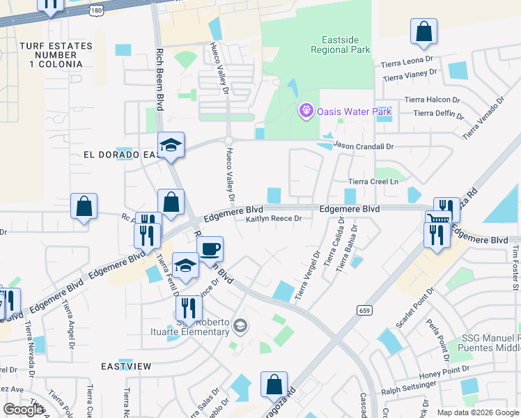 map of restaurants, bars, coffee shops, grocery stores, and more near Edgemere Boulevard in El Paso