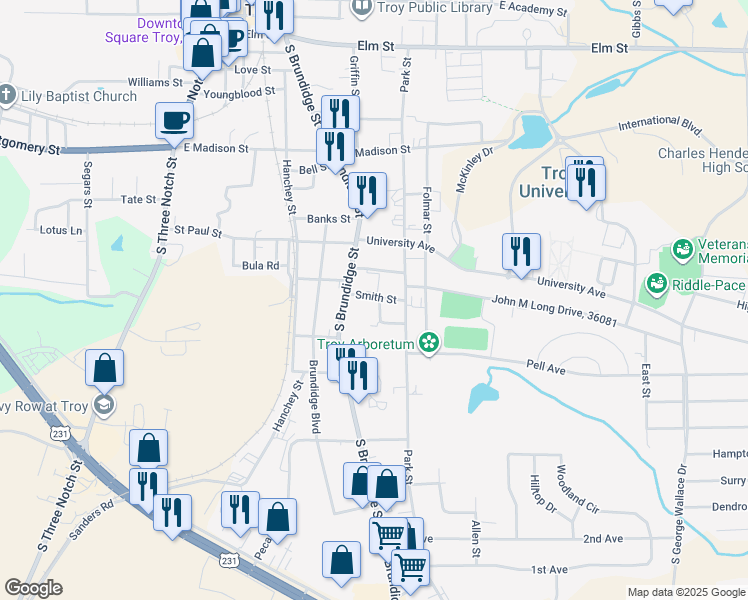 map of restaurants, bars, coffee shops, grocery stores, and more near 116 Smith Street in Troy