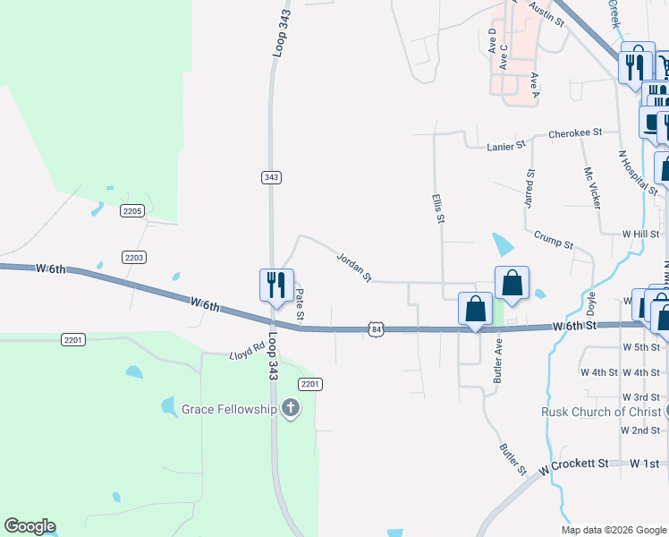 map of restaurants, bars, coffee shops, grocery stores, and more near 469 Jordan Street in Rusk
