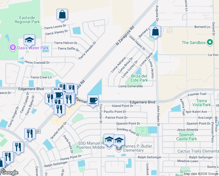 map of restaurants, bars, coffee shops, grocery stores, and more near 14258 Loma Esmeralda in El Paso