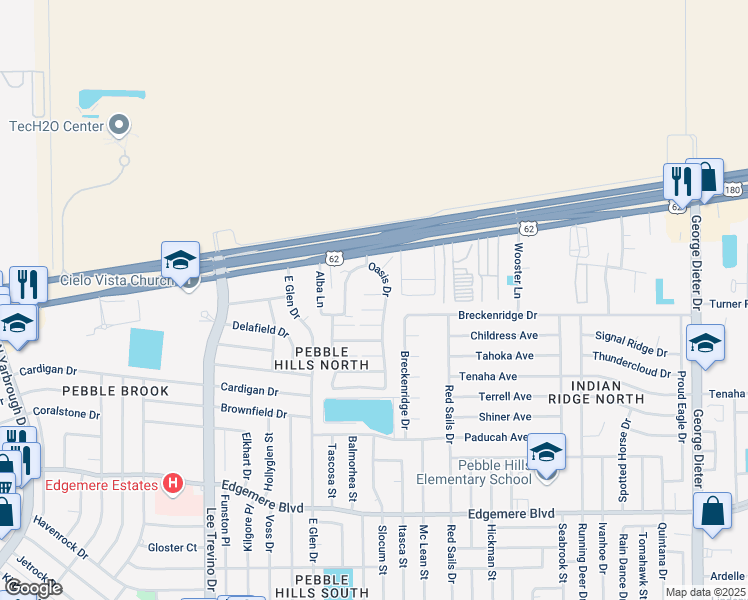 map of restaurants, bars, coffee shops, grocery stores, and more near 3600 Oasis Drive in El Paso