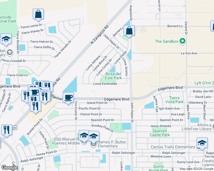 map of restaurants, bars, coffee shops, grocery stores, and more near 14339 Loma Esmeralda in El Paso