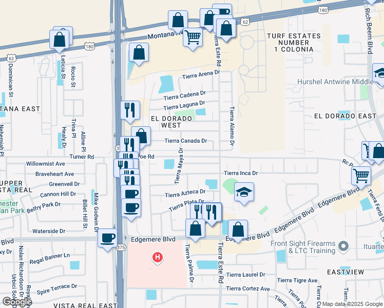 map of restaurants, bars, coffee shops, grocery stores, and more near 12340 Tierra Alamo Drive in El Paso
