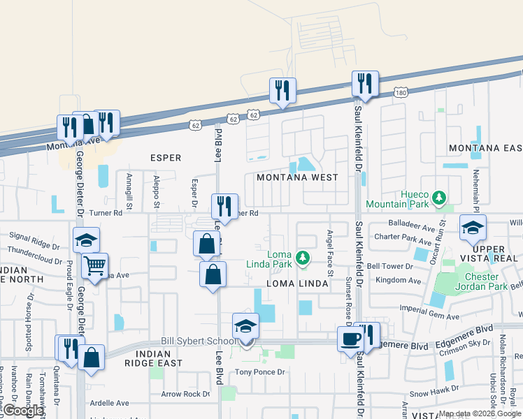map of restaurants, bars, coffee shops, grocery stores, and more near 3612 Wax Palm Place in El Paso