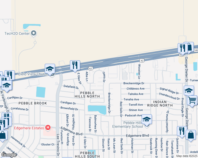 map of restaurants, bars, coffee shops, grocery stores, and more near 3600 Waterspring Way in El Paso