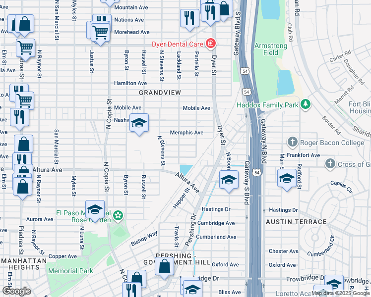 map of restaurants, bars, coffee shops, grocery stores, and more near 3804 Frankfort Avenue in El Paso