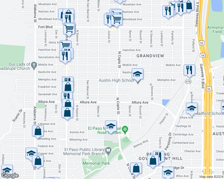 map of restaurants, bars, coffee shops, grocery stores, and more near 3236 Frankfort Avenue in El Paso