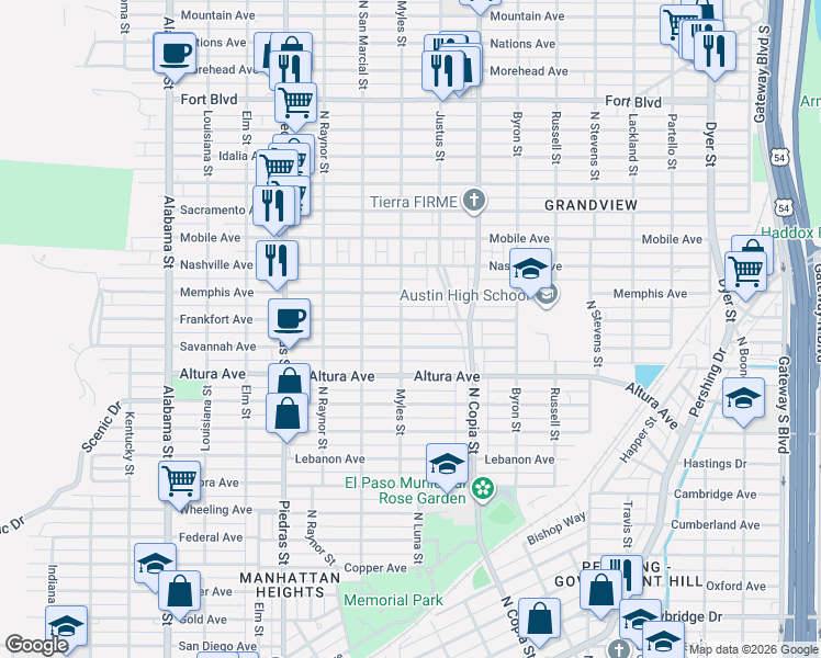 map of restaurants, bars, coffee shops, grocery stores, and more near 3214 Frankfort Avenue in El Paso