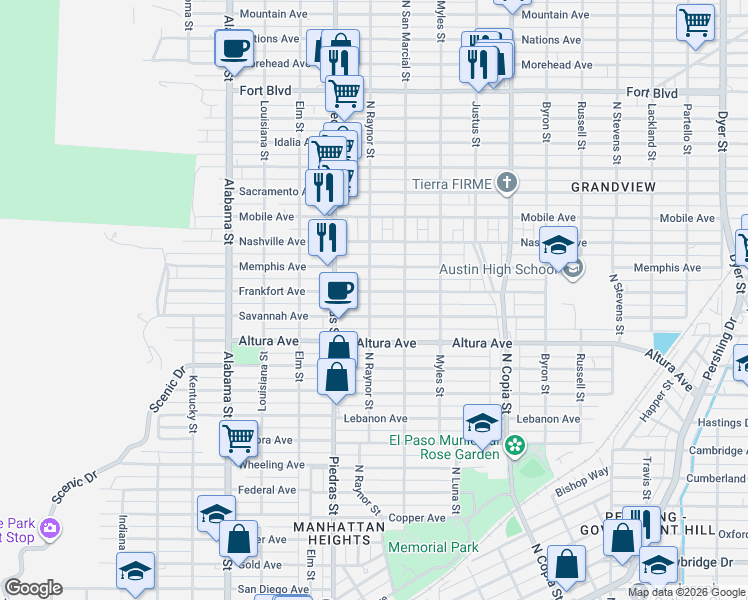 map of restaurants, bars, coffee shops, grocery stores, and more near 3004 Frankfort Avenue in El Paso