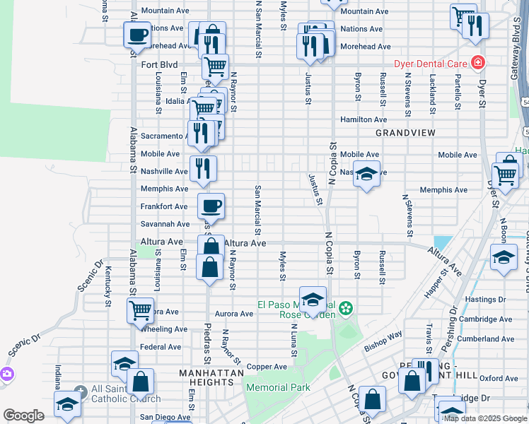 map of restaurants, bars, coffee shops, grocery stores, and more near 3104 Frankfort Ave in El Paso
