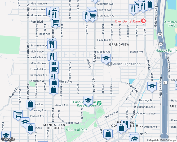 map of restaurants, bars, coffee shops, grocery stores, and more near 3236 Frankfort Avenue in El Paso