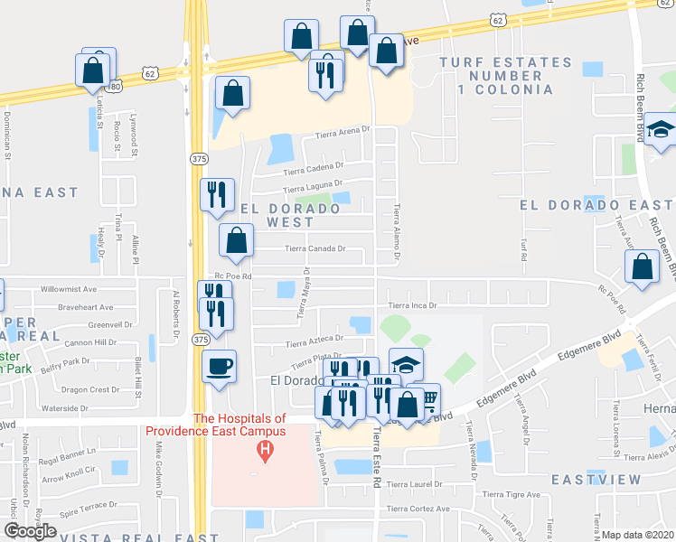 map of restaurants, bars, coffee shops, grocery stores, and more near 12340 Tierra Alamo Drive in El Paso