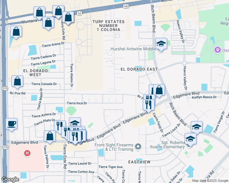 map of restaurants, bars, coffee shops, grocery stores, and more near 4409 Turf Road in El Paso