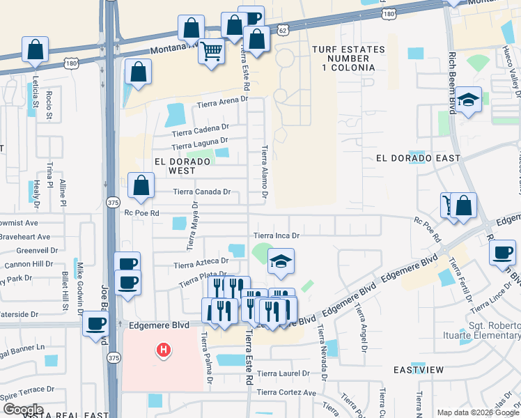 map of restaurants, bars, coffee shops, grocery stores, and more near 12416 Tierra Alamo Drive in El Paso