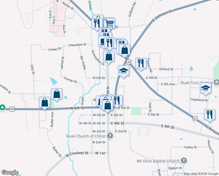 map of restaurants, bars, coffee shops, grocery stores, and more near 285 North Main Street in Rusk