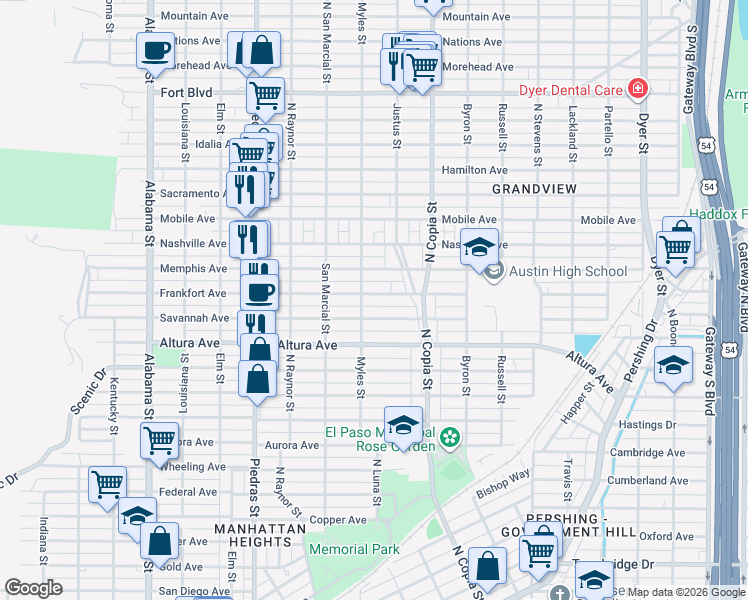 map of restaurants, bars, coffee shops, grocery stores, and more near 3214 Frankfort Avenue in El Paso
