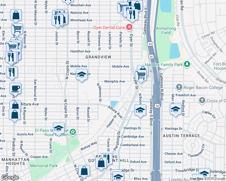 map of restaurants, bars, coffee shops, grocery stores, and more near 3804 Frankfort Avenue in El Paso