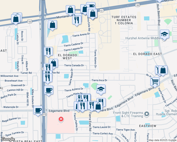 map of restaurants, bars, coffee shops, grocery stores, and more near 12388 Tierra Alamo Drive in El Paso