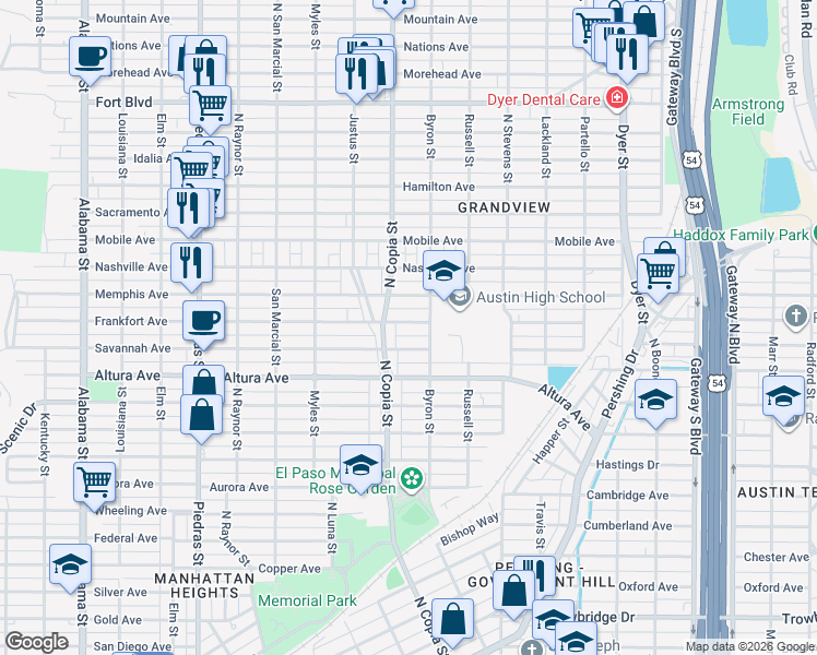 map of restaurants, bars, coffee shops, grocery stores, and more near 3414 Frankfort Avenue in El Paso